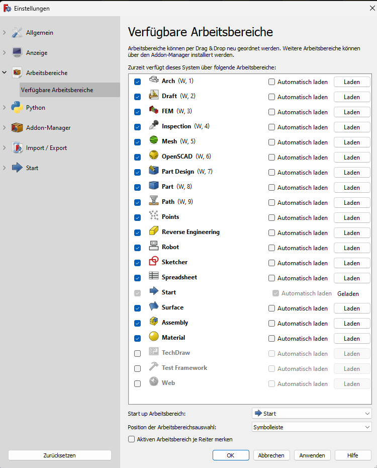 Screenshot verf&uuml;gbare Arbeitsbereiche