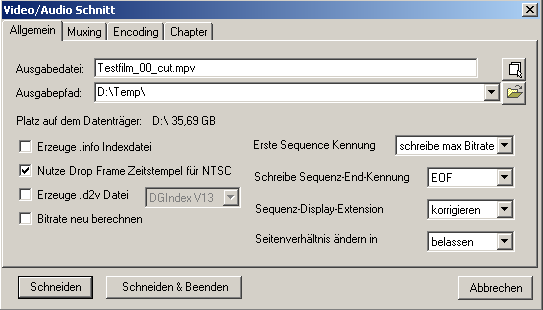 Screenshot:Allgemeine Schnitteinstellungen beim Cuttermaran