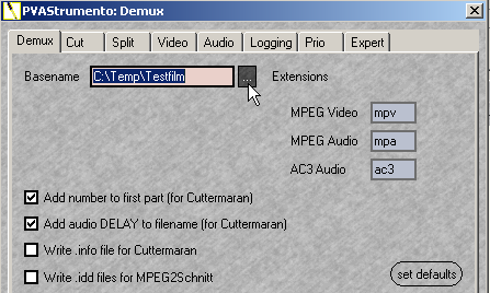 Screenshot: Einstellungen zum Demuxen bei PVAStrumento
